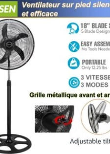 HANSEN (18 pouces) Ventilateur  HS-1M  sur pied silencieux à 3 vitesses de 45 cm