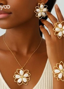 VOGUE BAZAAR Ensemble de bijoux Fleur de Lotus 5 pièces pour femmes Blanc Élégant Goutt...