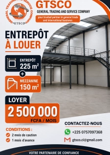 Entrepôt 225m²+150m² de mezzanine à louer marcory VGE 